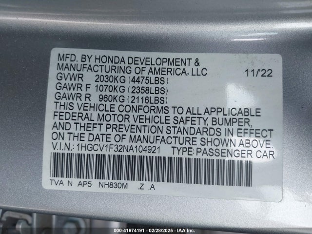 1HGCV1F32NA104921 Honda Accord Sport