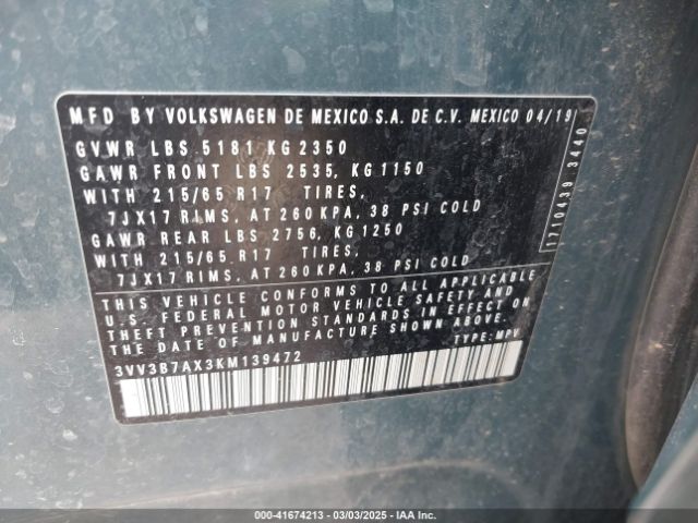 3VV3B7AX3KM139472 Volkswagen Tiguan 2.0t Se/2.0t Sel/2.0t Sel R-line/2.0t Sel R-line Black