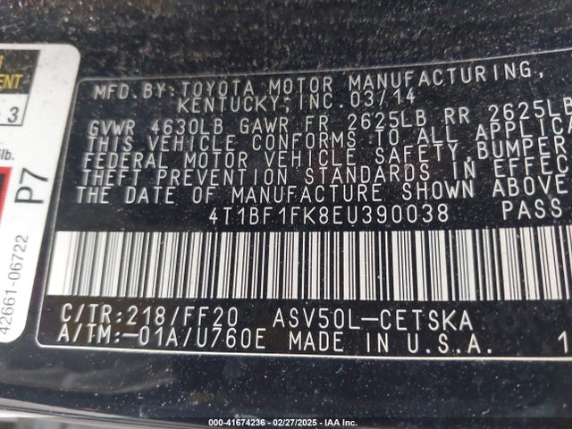 4T1BF1FK8EU390038 Toyota CAMRY SE
