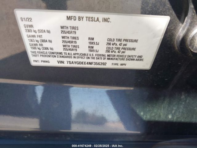 7SAYGDEE4NF356392 Tesla Model Y Long Range Dual Motor All-wheel Drive