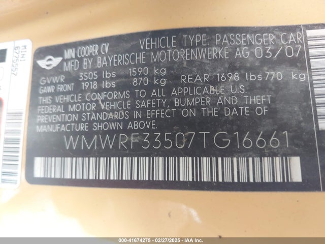 2007 MINI COOPER WMWRF33507TG16661 Photo 8