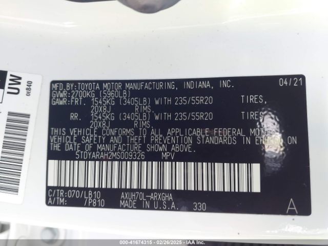 5TDYARAH2MS009326 Toyota Highlander Hybrid Limited