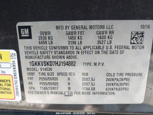 1GKKVSKD7HJ194882 GMC Acadia Limited Limited