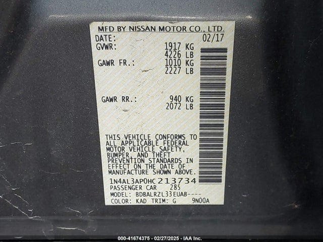 Nissan Altima 2.5 Sl 2017 1N4AL3AP0HC213734 Image 9