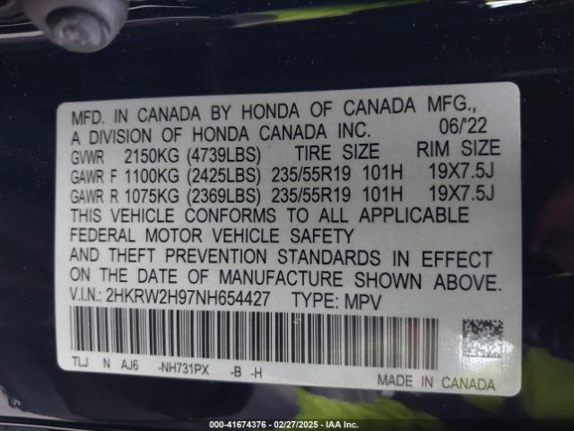 2HKRW2H97NH654427 Honda Cr-v Awd Touring