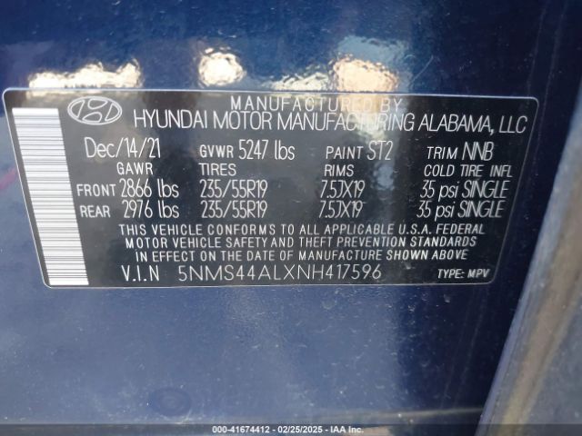 5NMS44ALXNH417596 Hyundai Santa Fe Limited