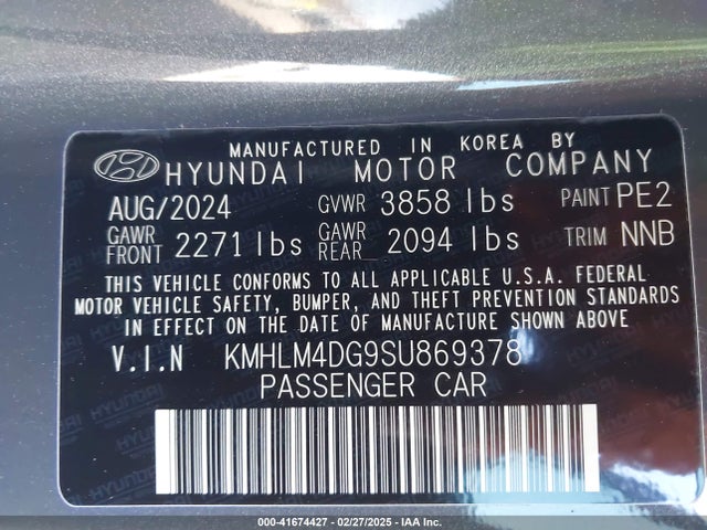 KMHLM4DG9SU869378 Hyundai Elantra Sel Sport