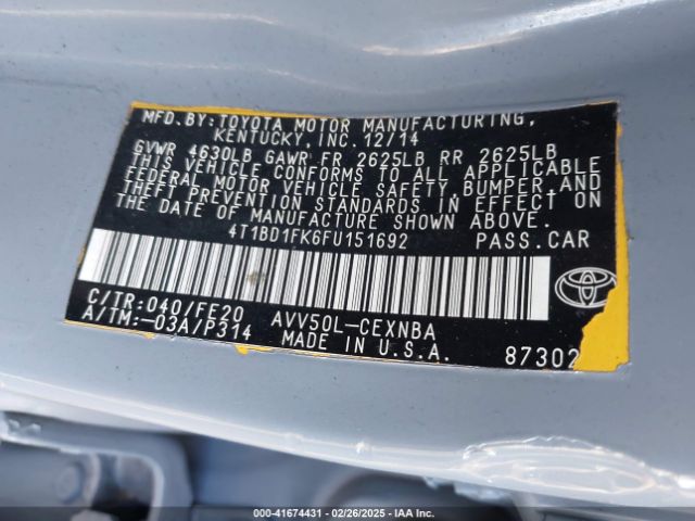 4T1BD1FK6FU151692 Toyota Camry Hybrid Le