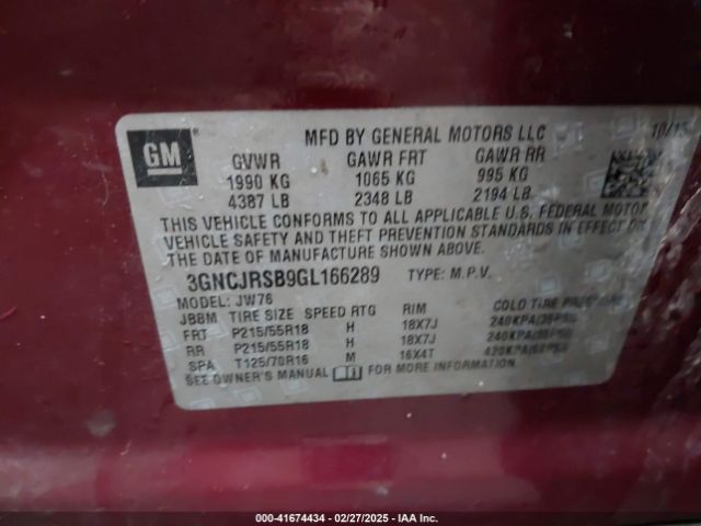 3GNCJRSB9GL166289 Chevrolet TRAX LTZ