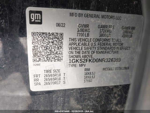 1GKS2FKD0NR326393 GMC Yukon Xl 4wd Sle