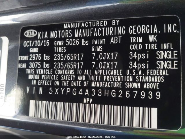 5XYPG4A33HG267939 KIA Sorento 2.4l Lx