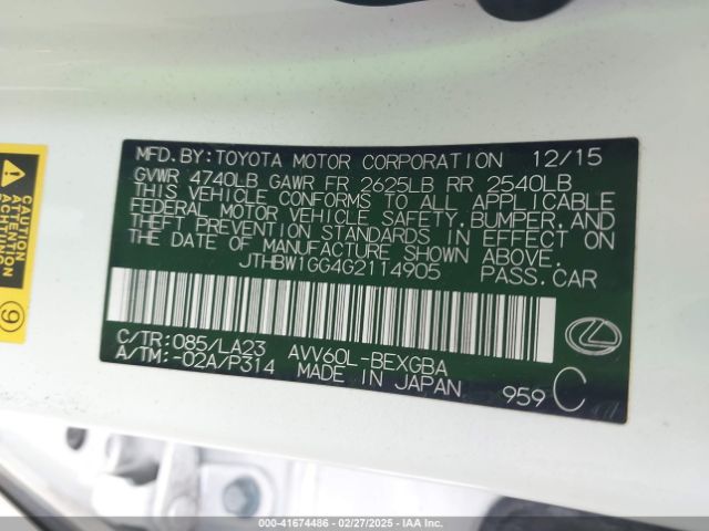 JTHBW1GG4G2114905 Lexus ES 300H