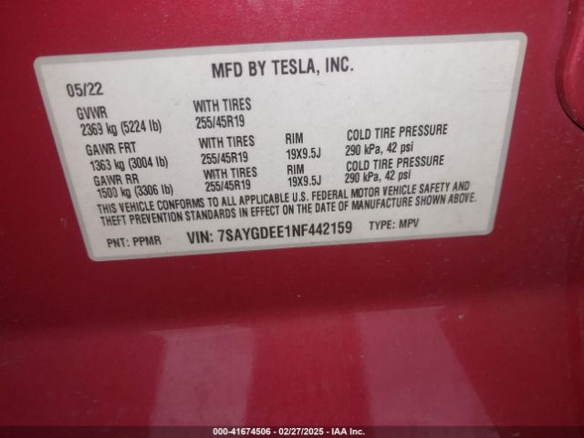 7SAYGDEE1NF442159 Tesla Model Y Long Range Dual Motor All-wheel Drive