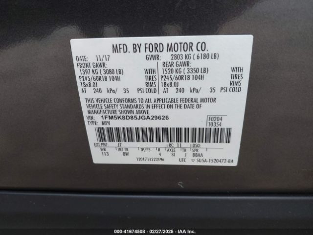 1FM5K8D85JGA29626 Ford EXPLORER XLT
