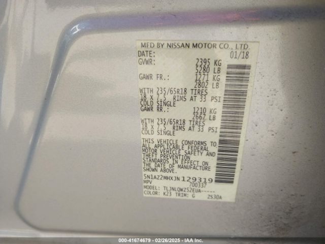 5N1AZ2MHXJN129319 Nissan MURANO SV