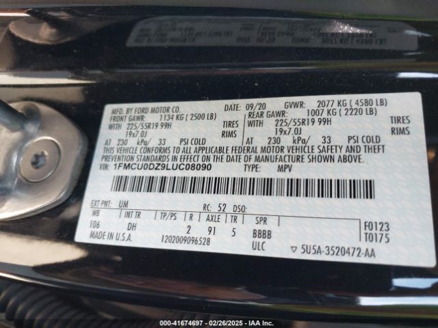 1FMCU0DZ9LUC08090 Ford Escape Titanium Hybrid