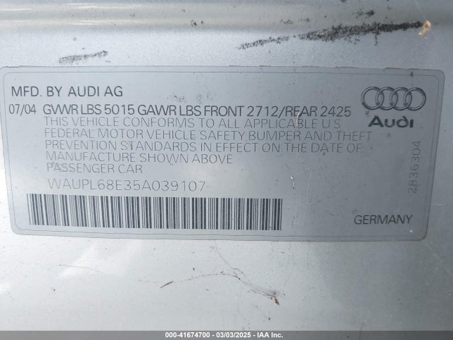 2005 AUDI S4 WAUPL68E35A039107 Photo 8