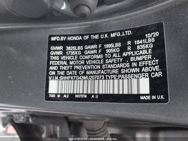 SHHFK7G43MU207073 Honda Civic Sport