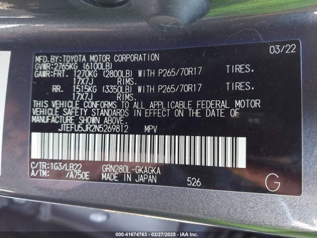 JTEFU5JR2N5269812 Toyota 4runner Sr5 Premium