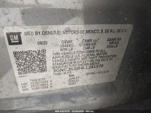 3GNCJKSB4LL341579 Chevrolet Trax Fwd Ls