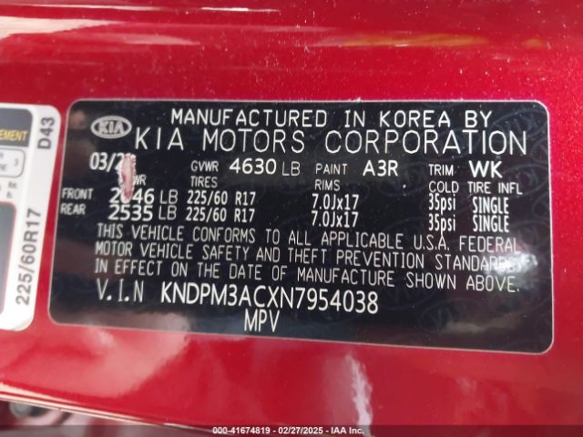 KNDPM3ACXN7954038 KIA Sportage Lx