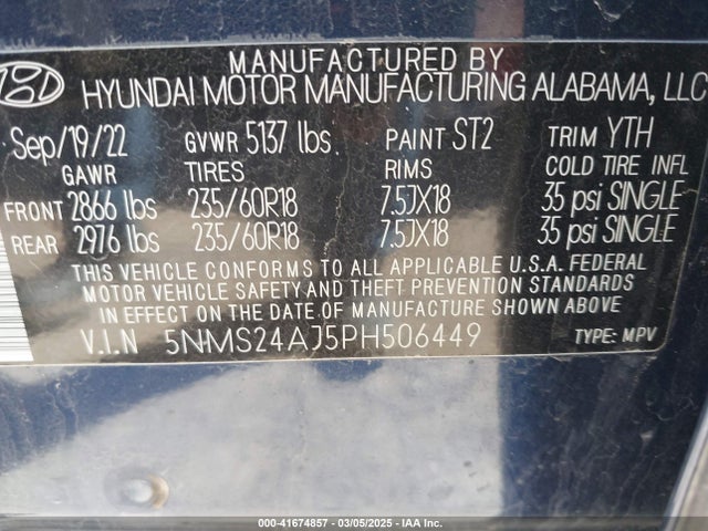 5NMS24AJ5PH506449 Hyundai Santa Fe Sel