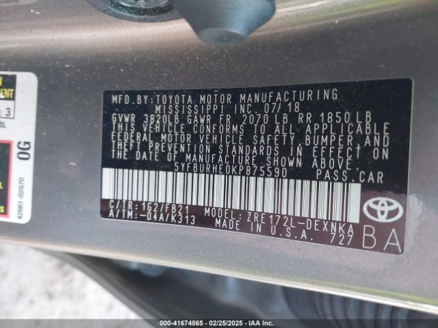 5YFBURHE0KP875590 Toyota COROLLA LE