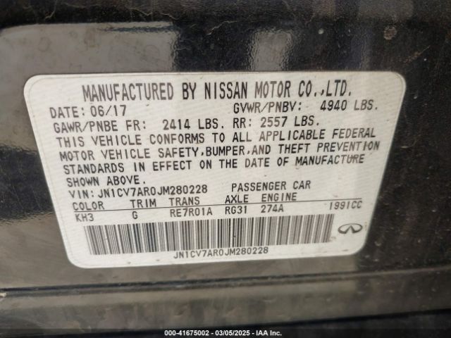 JN1CV7AR0JM280228 Infiniti Q50 2.0t Pure
