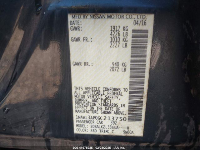 1N4AL3AP0GC213750 Nissan Altima 2.5 Sv