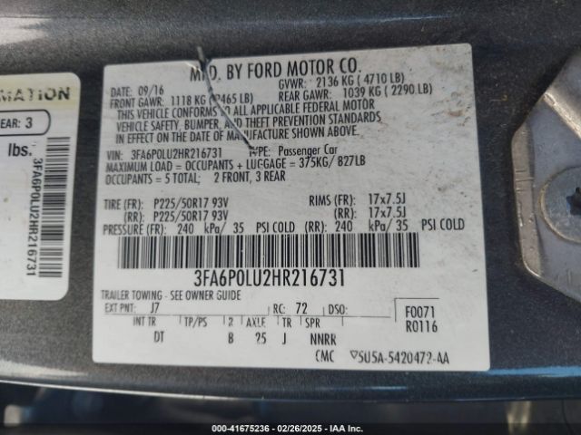 3FA6P0LU2HR216731 Ford Fusion Hybrid Se