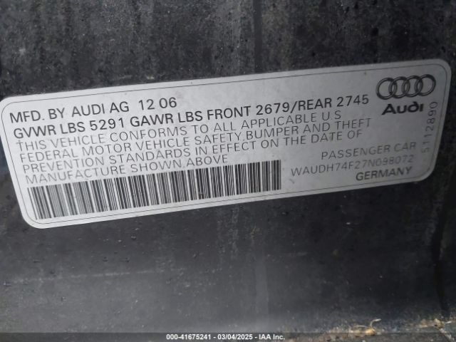 2007 AUDI A6 WAUDH74F27N098072 Photo 8