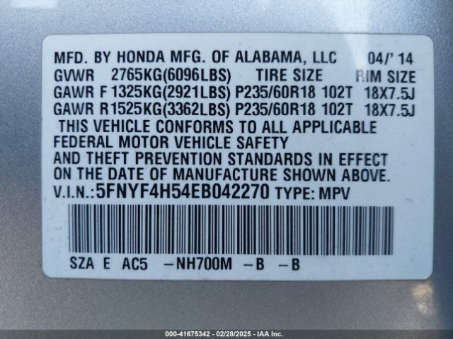 5FNYF4H54EB042270 Honda Pilot Ex-l