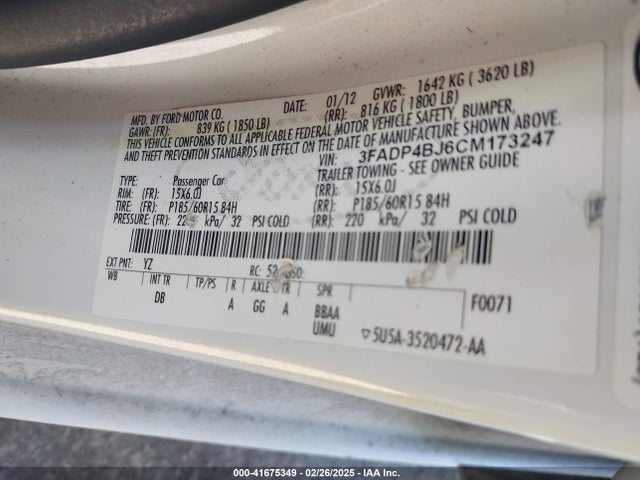 2012 Ford Fiesta Se მანქანა იყიდება აუქციონზე, vin: 3FADP4BJ6CM173247, აუქციონის ნომერი: 41675349