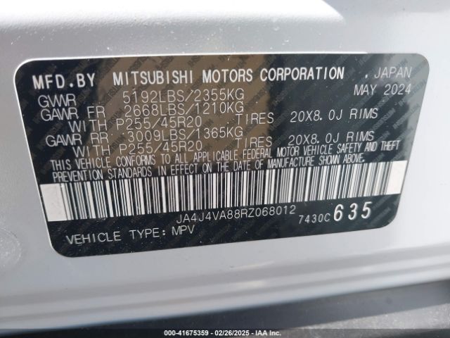 JA4J4VA88RZ068012 Mitsubishi Outlander Se 2.5 S-awc/se Black Edition S-awc/se Black Edition W/pano Roof/se Ralliart S-awc