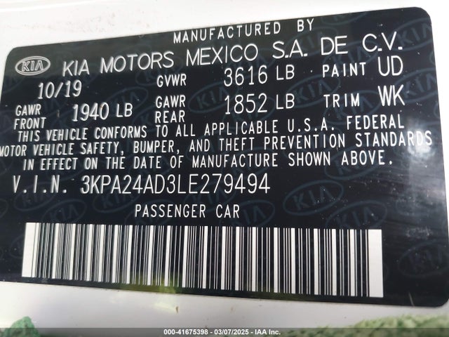 3KPA24AD3LE279494 KIA RIO LX