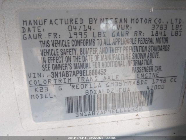3N1AB7AP9EL666452 Nissan Sentra