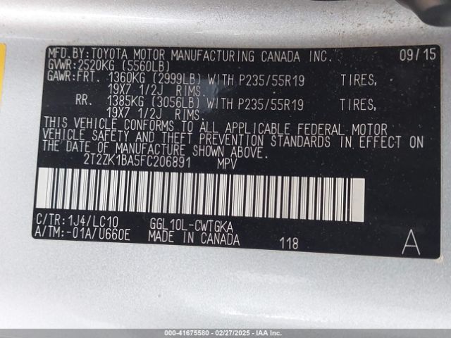 2T2ZK1BA5FC206891 Lexus RX 350