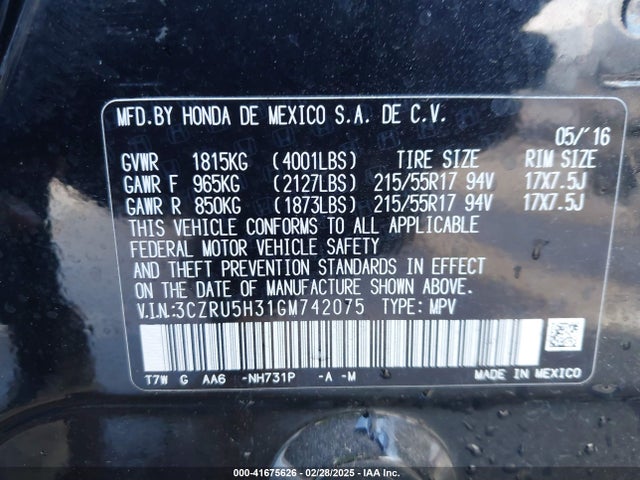 3CZRU5H31GM742075 Honda HR-V LX