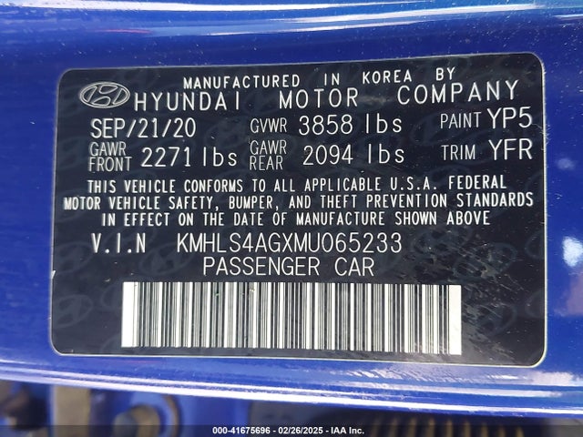 KMHLS4AGXMU065233 Hyundai ELANTRA SEL