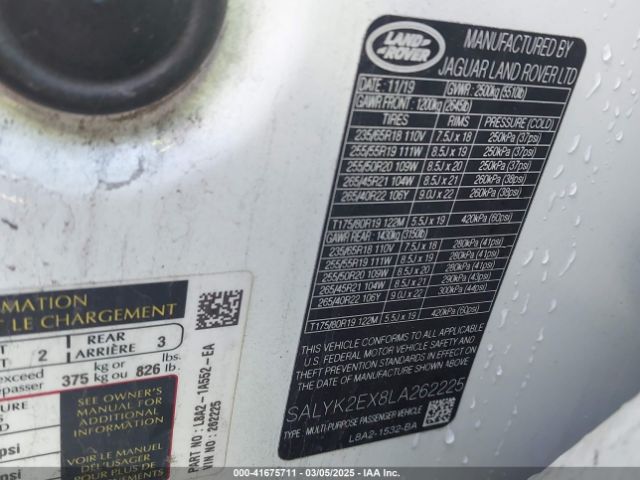SALYK2EX8LA262225 Land Rover Range Rover Velar P250 R-dynamic S