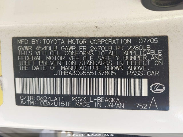 Aukcja sprzedaży 2005 Lexus Es 330, vin: JTHBA30G555137805, numer aukcji: 41675747
