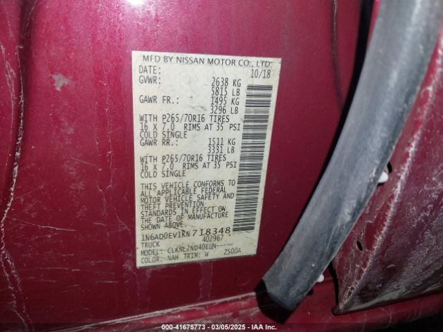 1N6AD0EV1KN718348 Nissan Frontier Sv