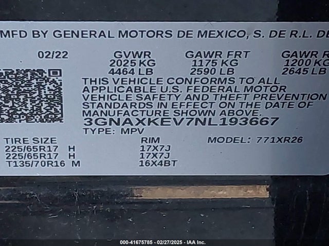 3GNAXKEV7NL193667 Chevrolet Equinox Fwd Lt