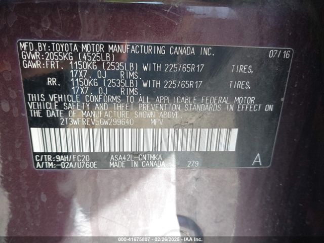 2T3WFREV5GW299640 Toyota Rav4 Xle