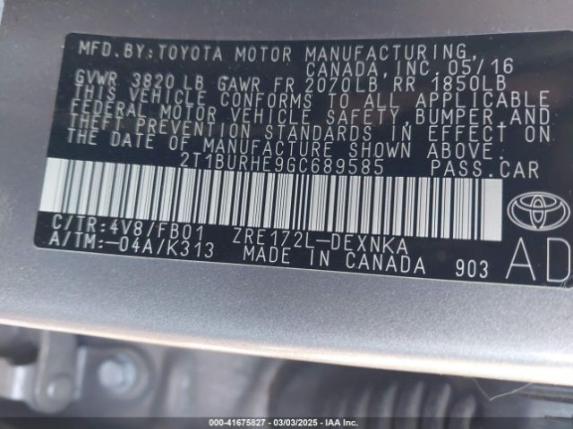 2T1BURHE9GC689585 Toyota COROLLA LE
