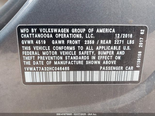 1VWAT7A32HC046465 Volkswagen Passat 1.8t S