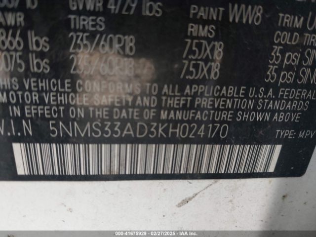 5NMS33AD3KH024170 Hyundai Santa Fe Sel Plus