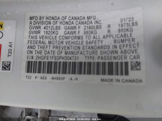 2HGFE1F93PH304731 Honda Civic Touring