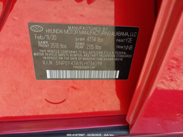 5NPEF4JA9LH036098 Hyundai SONATA SEL