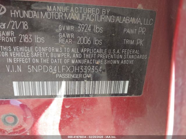 5NPD84LFXJH339354 Hyundai ELANTRA SEL